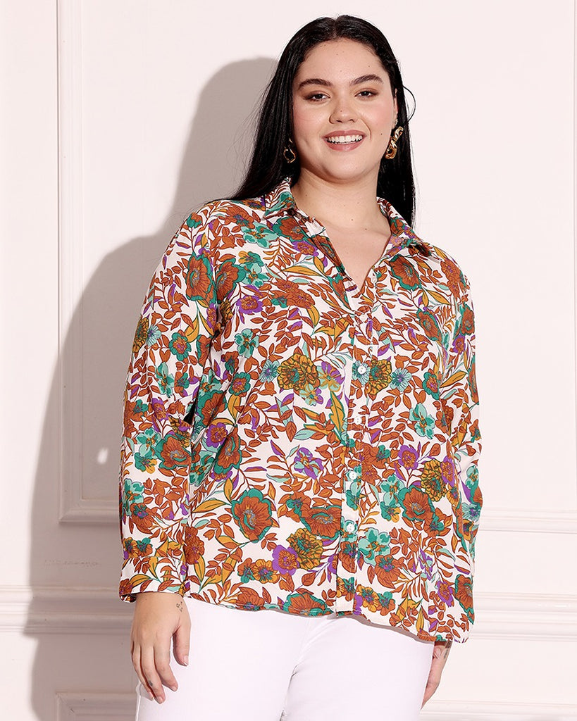Model wearing Poly Crepe Shirt with Pattern type: Floral-2