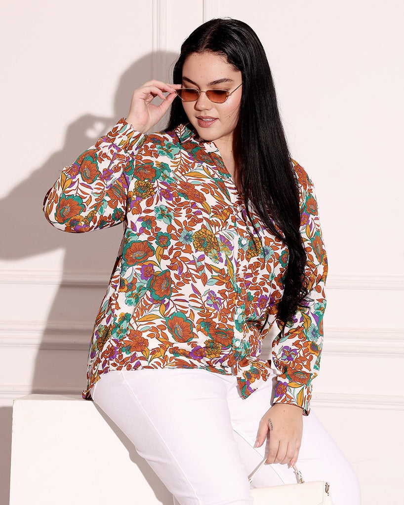 Model wearing Poly Crepe Shirt with Pattern type: Floral-6