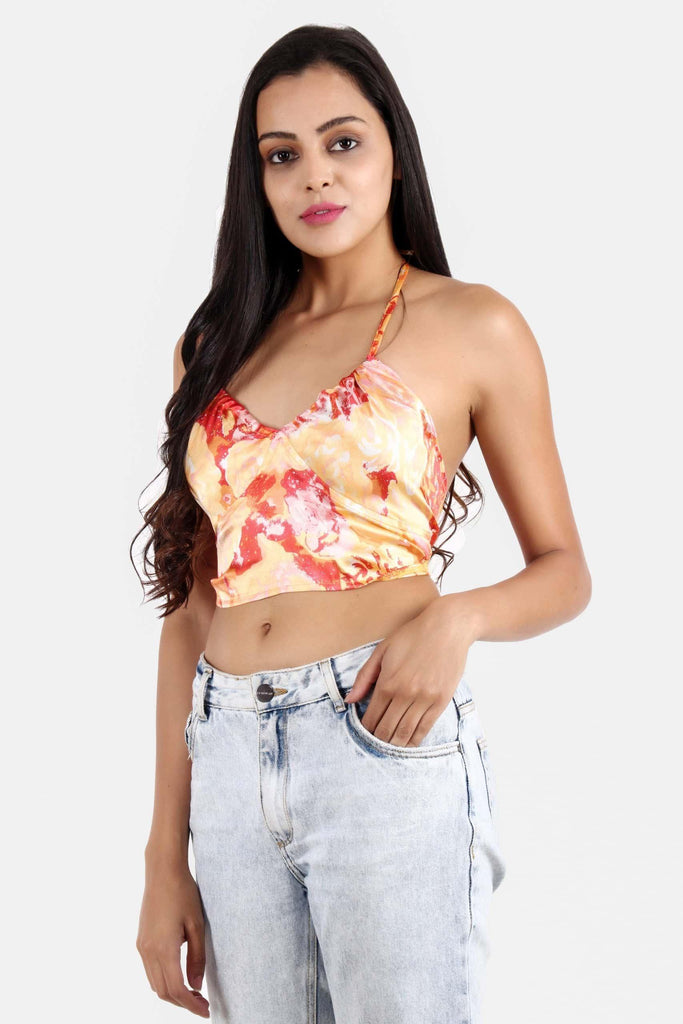 Model wearing Satin Crop Top with Pattern type: Abstract -1