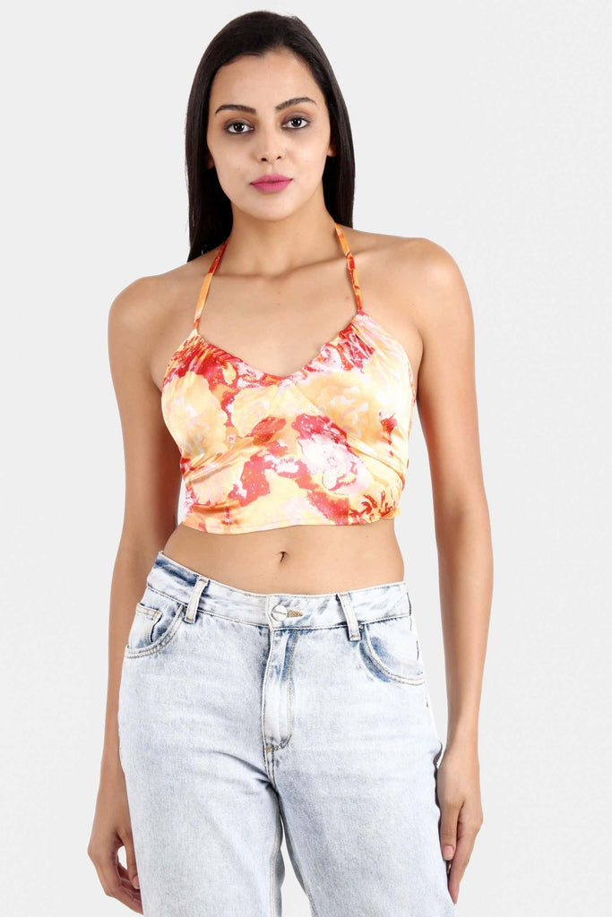 Model wearing Satin Crop Top with Pattern type: Abstract -4