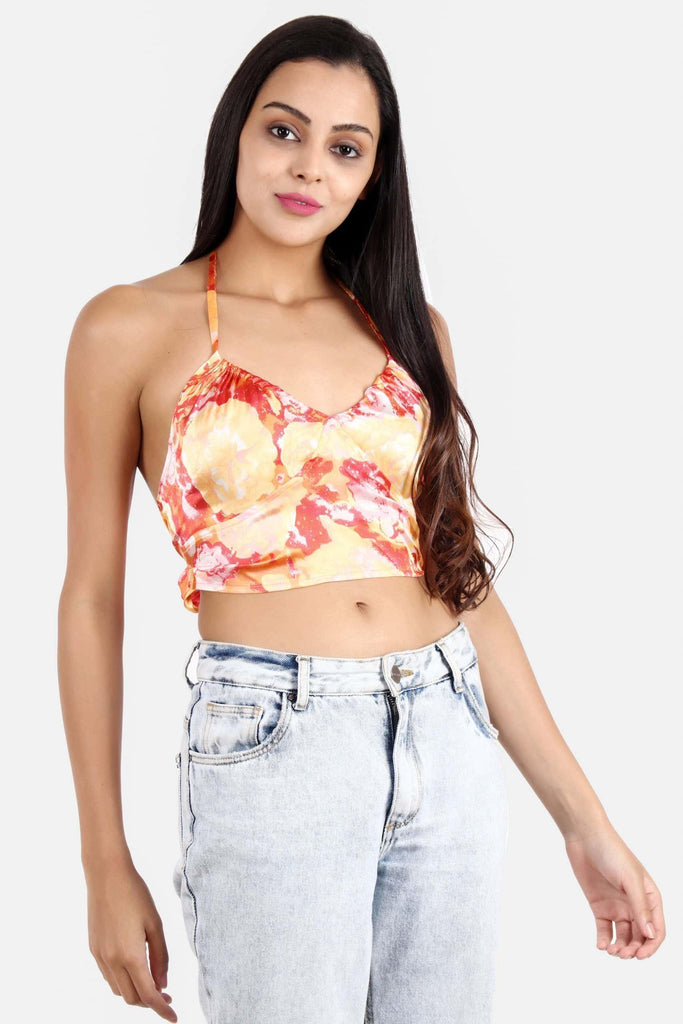 Model wearing Satin Crop Top with Pattern type: Abstract -5