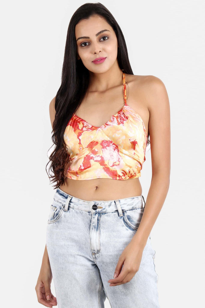Model wearing Satin Crop Top with Pattern type: Abstract -6