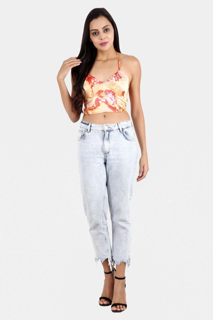 Model wearing Satin Crop Top with Pattern type: Abstract -7