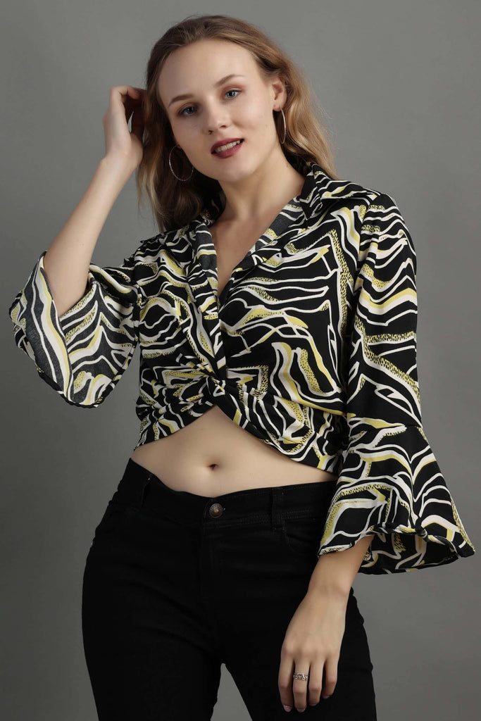 Model wearing Poly Crepe Crop Top with Pattern type: Abstract-6