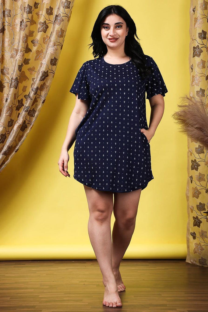 Model wearing Cotton Blended Mini Night Dress with Pattern type: Anchor-11