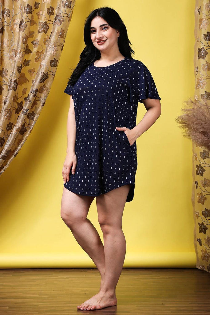 Model wearing Cotton Blended Mini Night Dress with Pattern type: Anchor-14