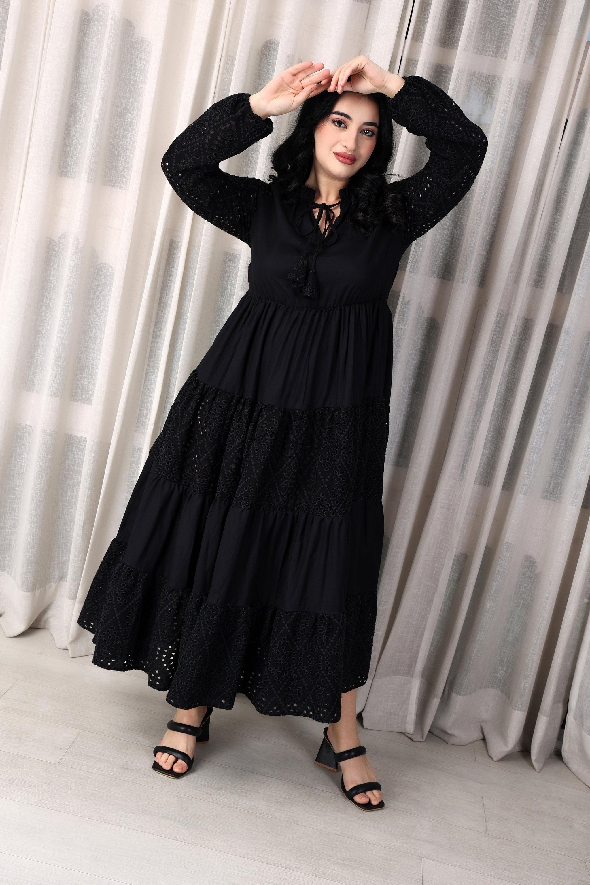 Layered Cotton Maxi Dress with Long Sleeves and V-Neck