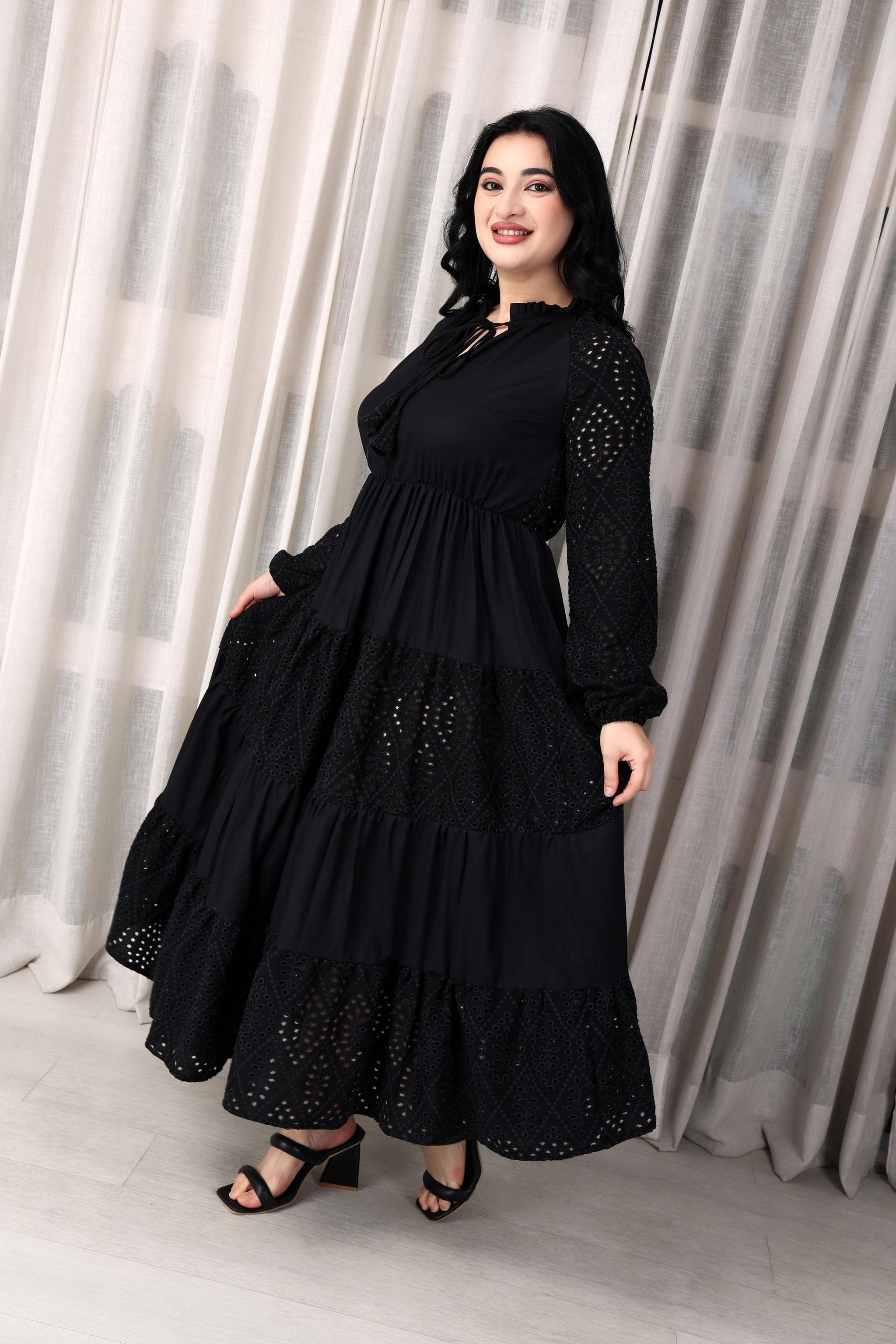 cutwork maxi dress Layered Cotton Maxi Dress with Long Sleeves and V-Neck