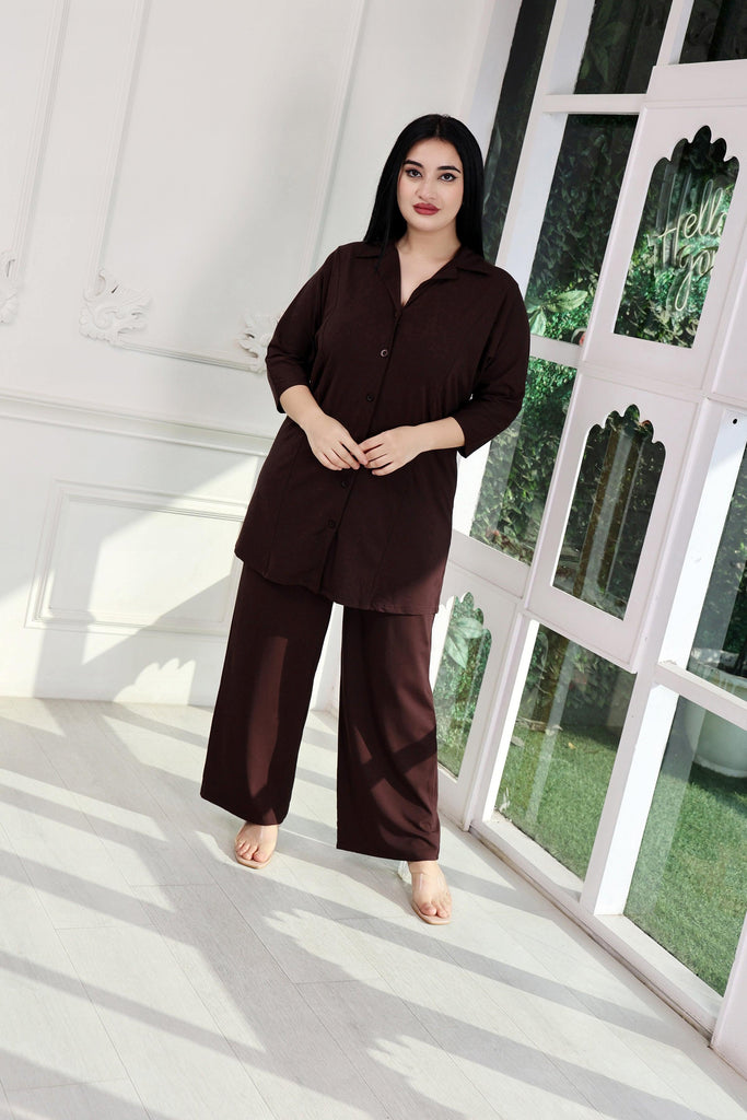 Model wearing Supima Cotton Lycra Co-ord Set with Pattern type: Solid-1