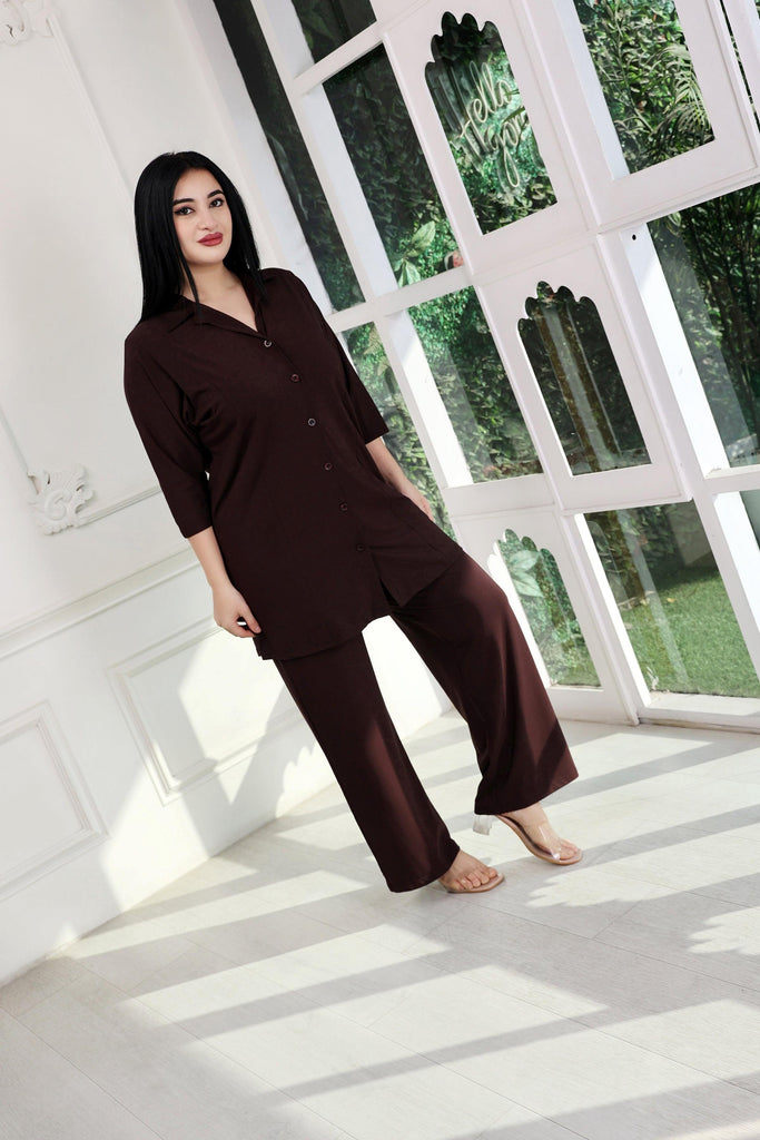 Model wearing Supima Cotton Lycra Co-ord Set with Pattern type: Solid-3