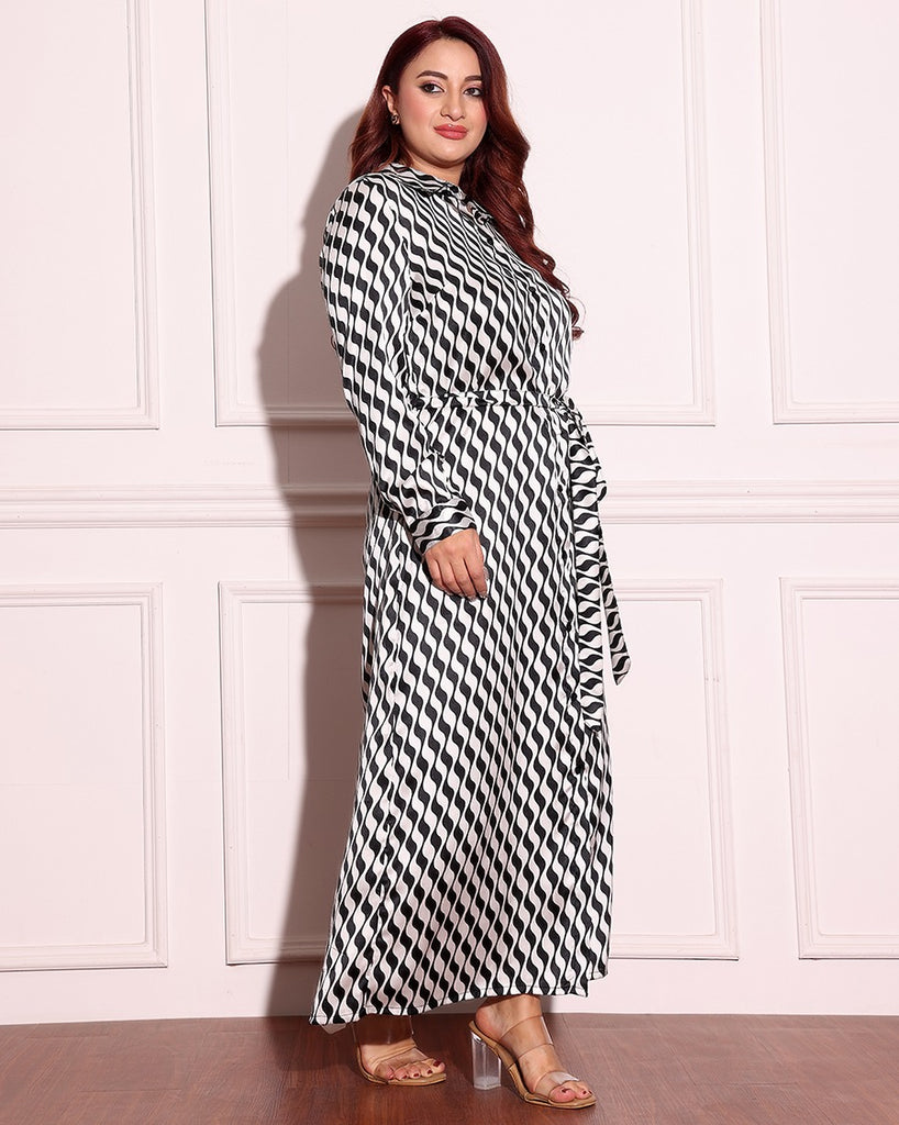 Model wearing Satin Maxi Dress with Pattern type: Waves-2