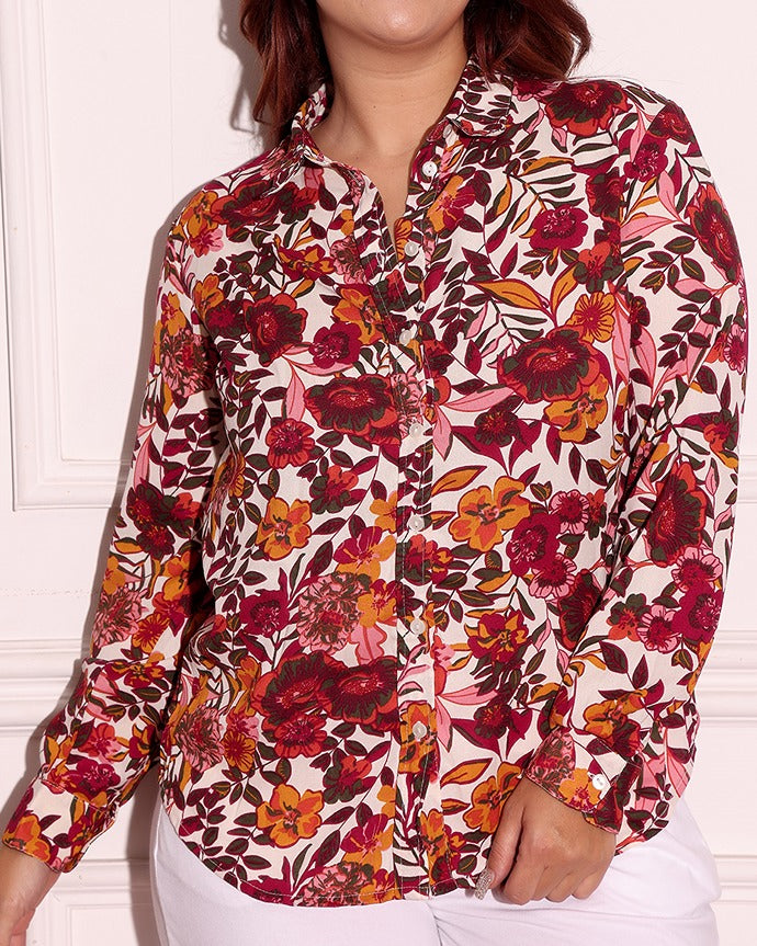 Model wearing Poly Crepe Shirt with Pattern type: Floral-3