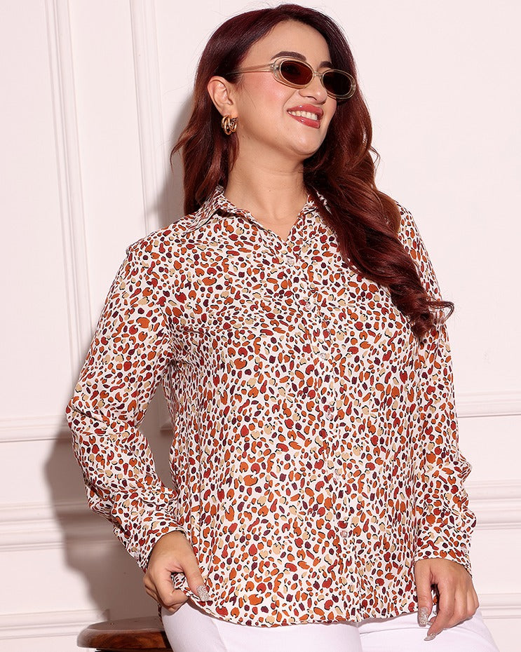 Model wearing Poly Crepe Shirt with Pattern type: Pebble-13