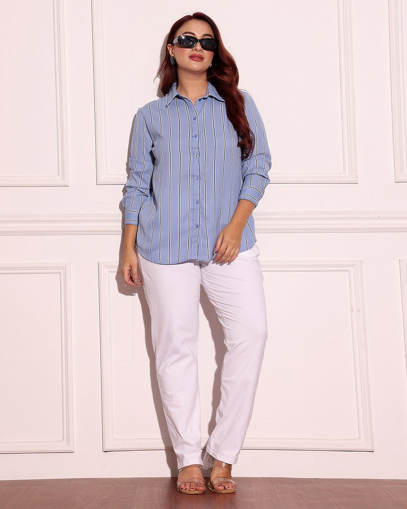 Model wearing Poly Crepe Shirt with Pattern type: Striped-10
