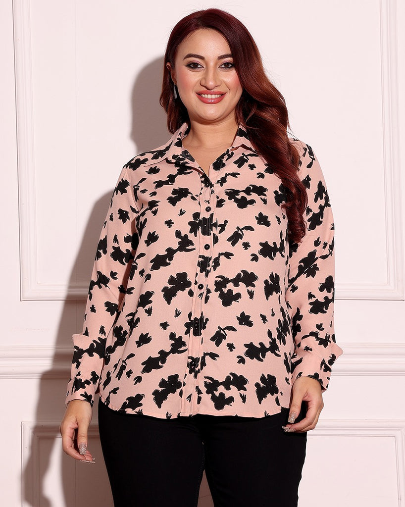 Model wearing Poly Crepe Shirt with Pattern type: Leaf-2