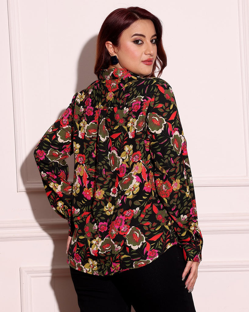 Model wearing Poly Crepe Shirt with Pattern type: Floral-1