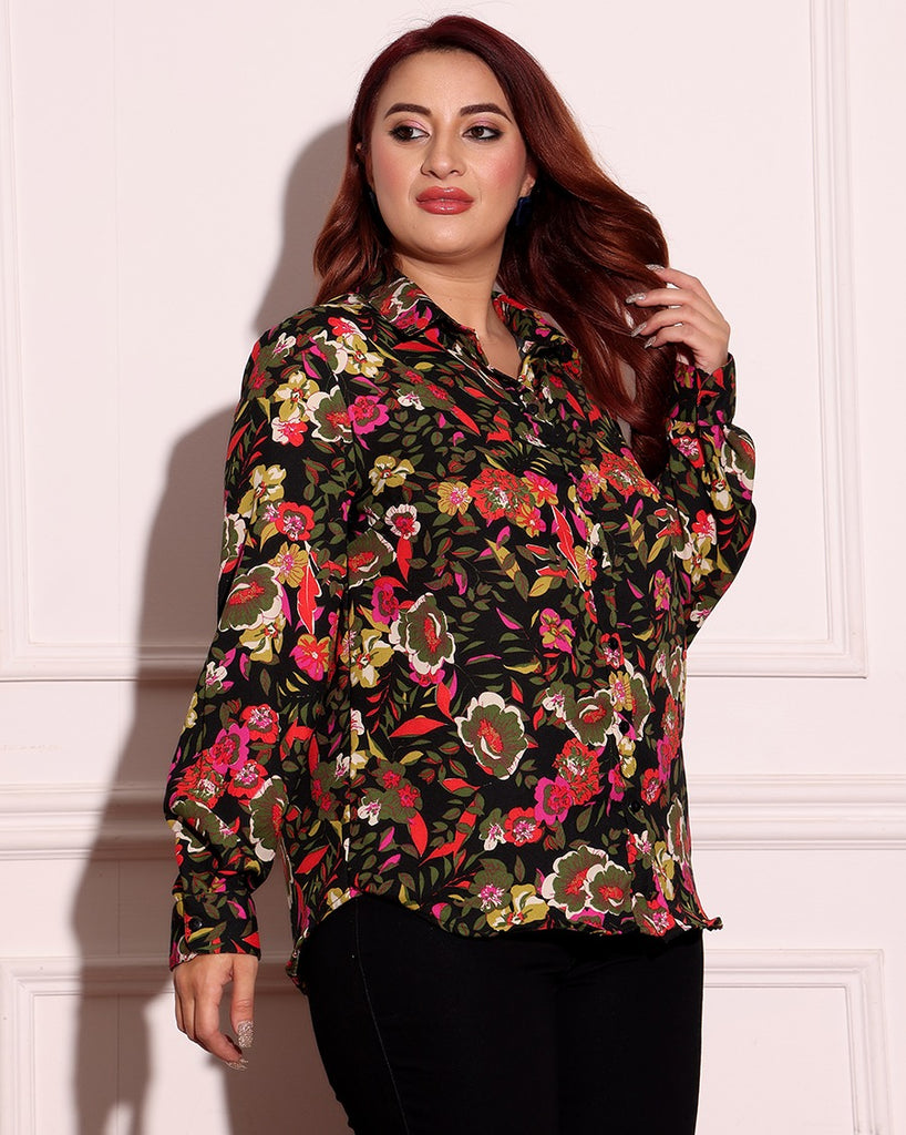 Model wearing Poly Crepe Shirt with Pattern type: Floral-4