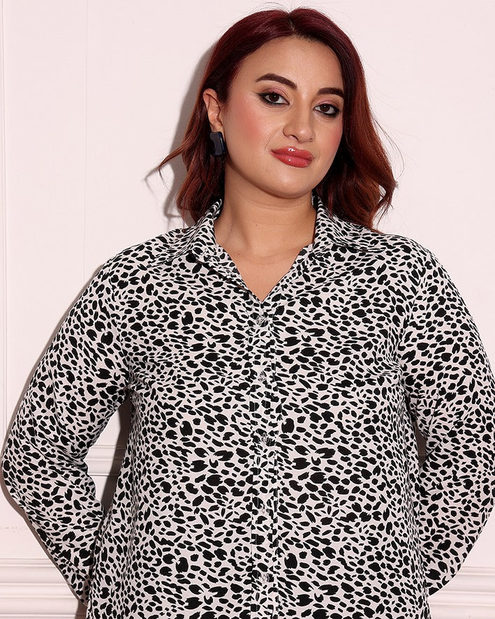 Model wearing Poly Crepe Shirt with Pattern type: Leopard-4