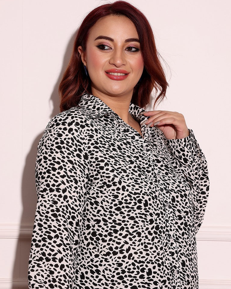 Model wearing Poly Crepe Shirt with Pattern type: Leopard-5