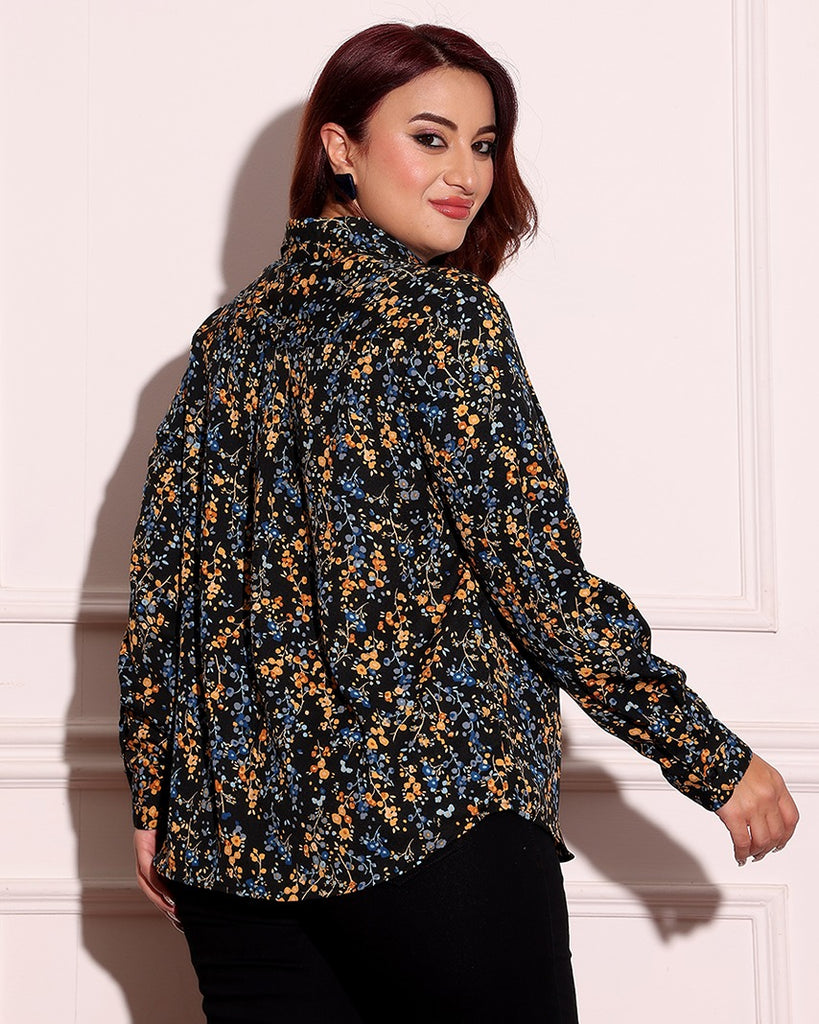 Model wearing Poly Crepe Shirt with Pattern type: Floral-1