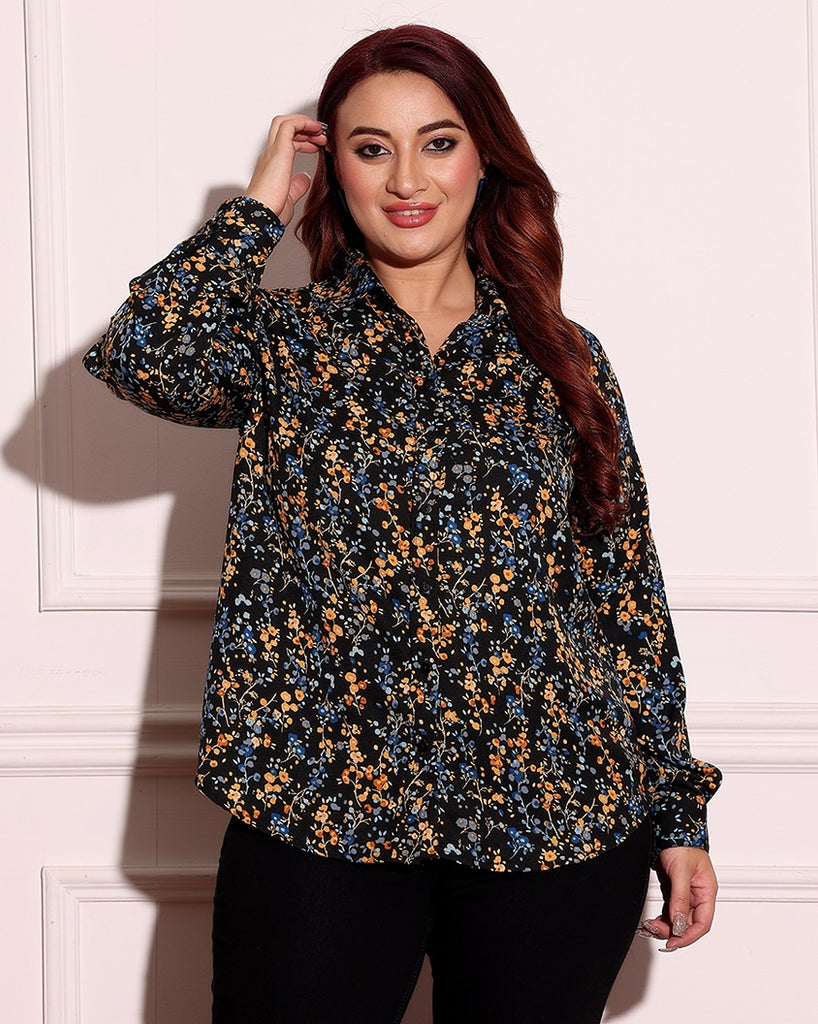 Model wearing Poly Crepe Shirt with Pattern type: Floral-2