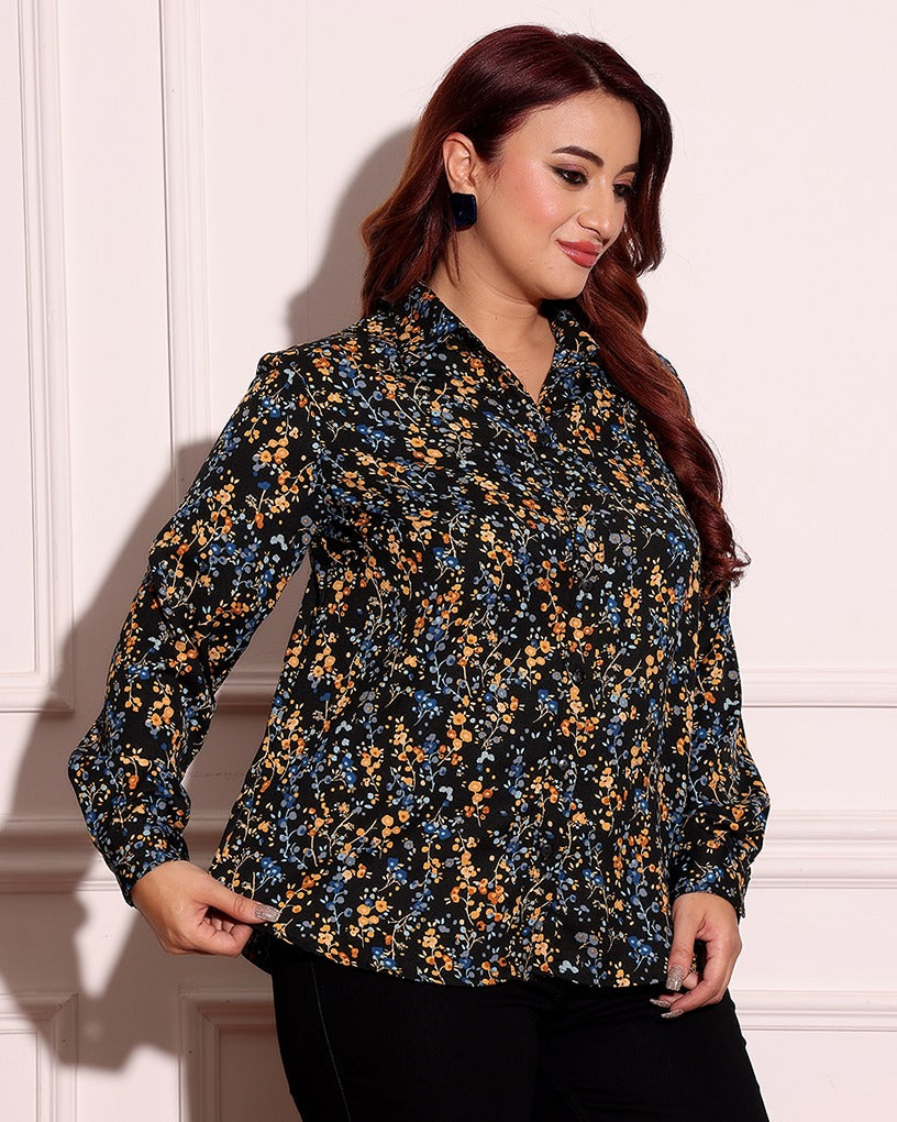 Model wearing Poly Crepe Shirt with Pattern type: Floral-3