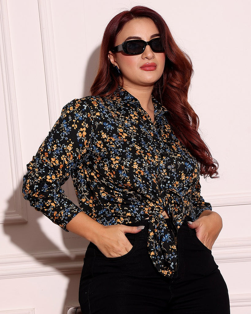 Model wearing Poly Crepe Shirt with Pattern type: Floral-5