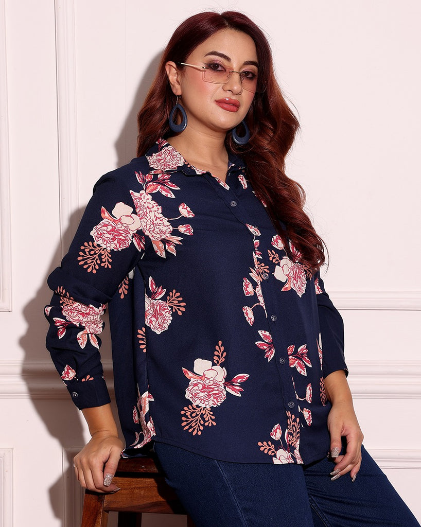 Model wearing Poly Crepe Shirt with Pattern type: Floral-1