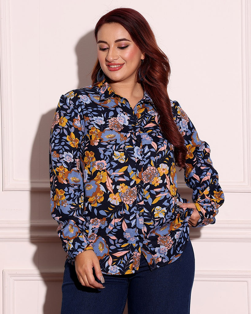 Model wearing Poly Crepe Shirt with Pattern type: Floral-2