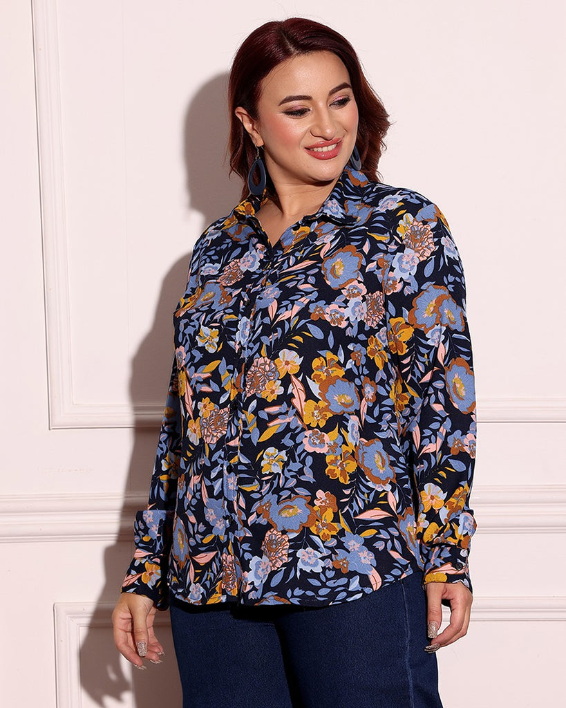 Model wearing Poly Crepe Shirt with Pattern type: Floral-3