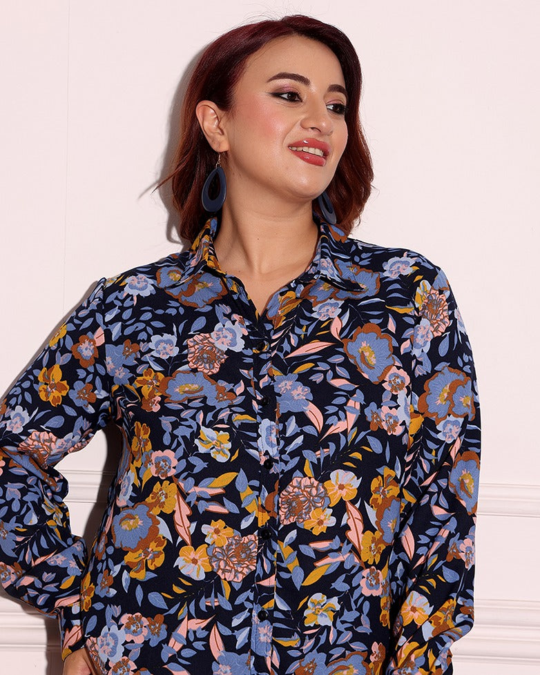 Model wearing Poly Crepe Shirt with Pattern type: Floral-4