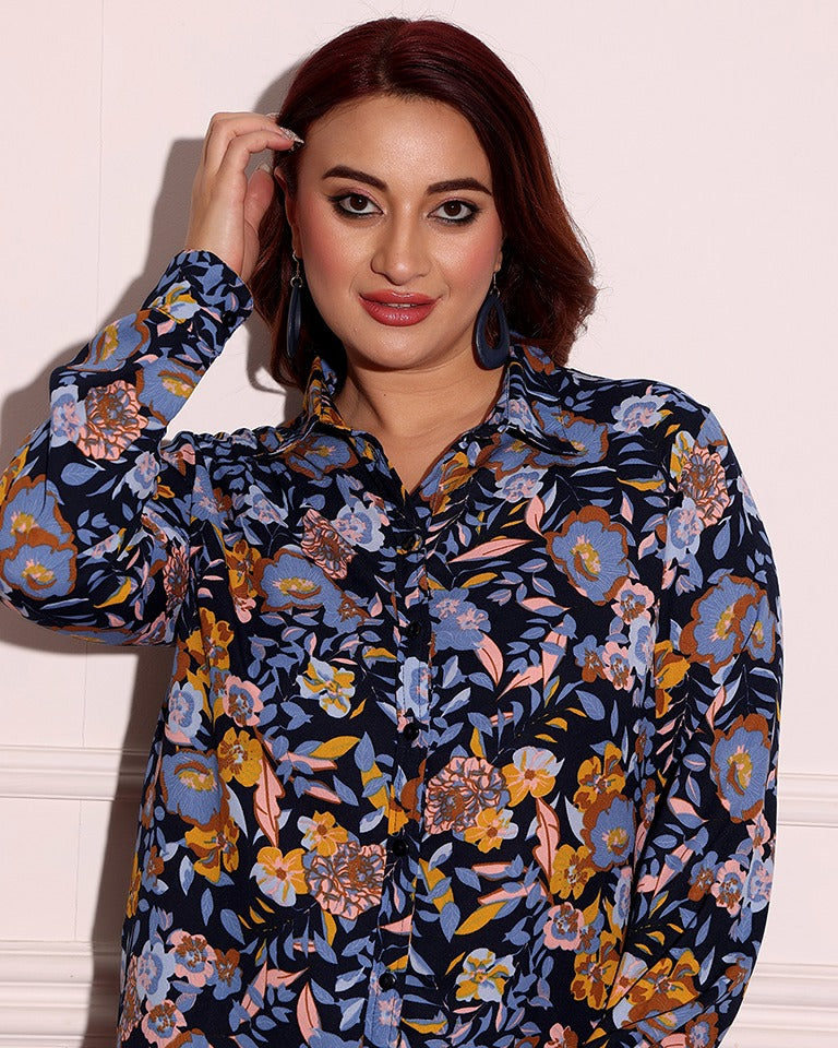 Model wearing Poly Crepe Shirt with Pattern type: Floral-5