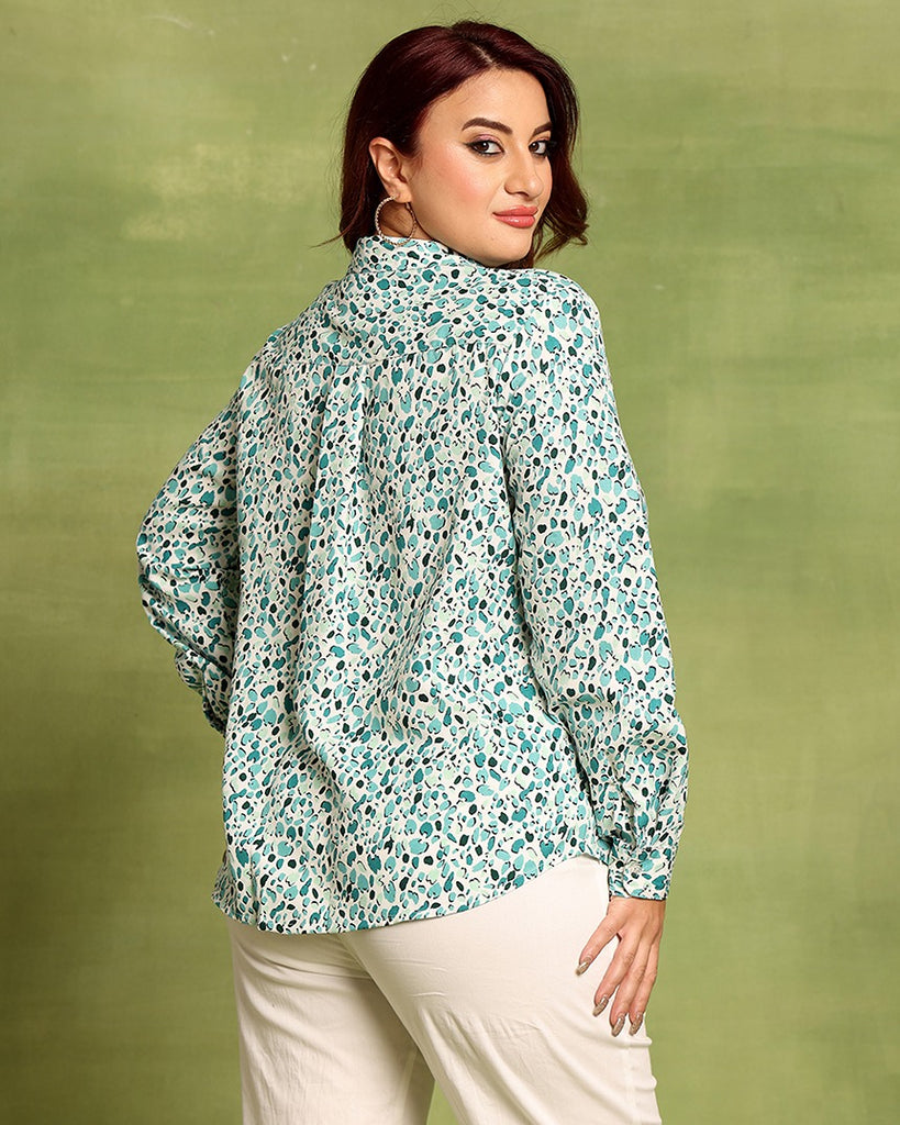 Model wearing Poly Crepe Shirt with Pattern type: Pebble-1