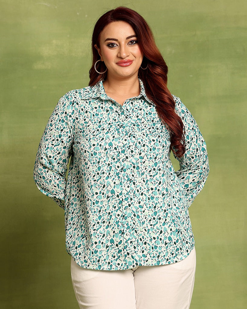 Model wearing Poly Crepe Shirt with Pattern type: Pebble-2