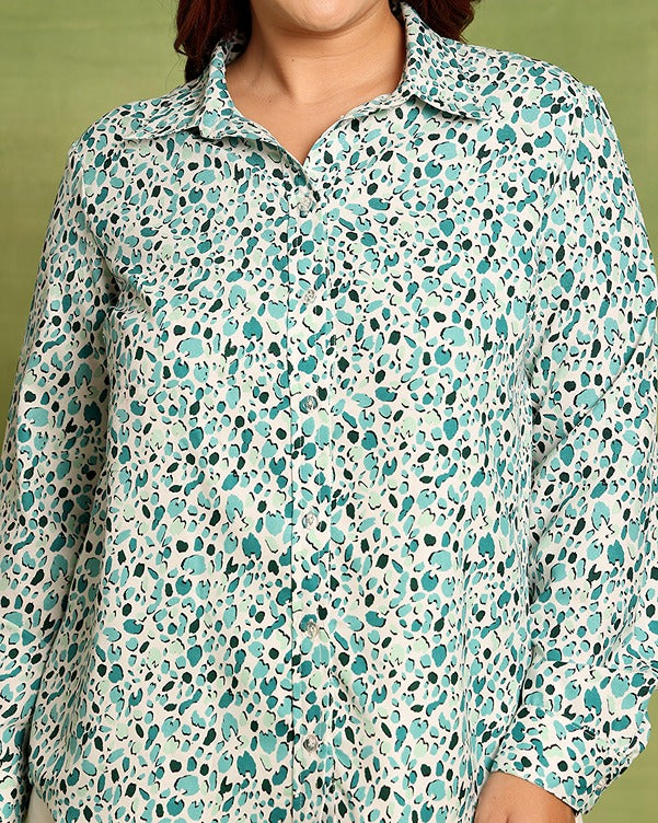 Model wearing Poly Crepe Shirt with Pattern type: Pebble-4