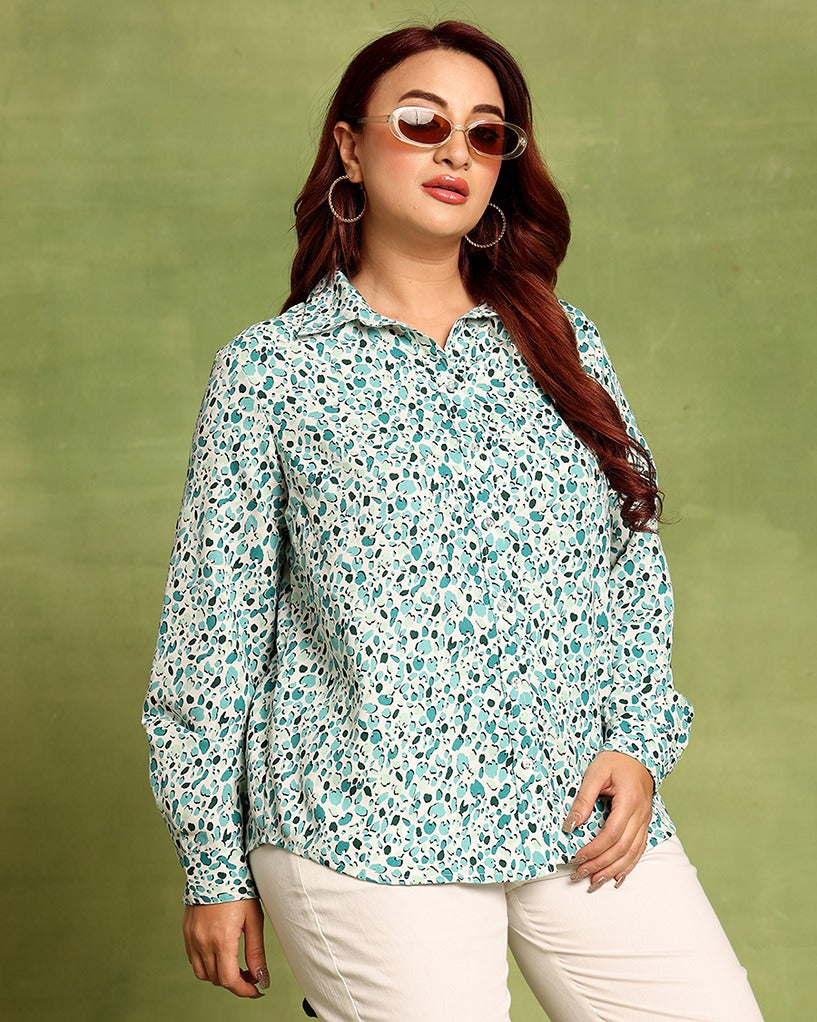 Model wearing Poly Crepe Shirt with Pattern type: Pebble-5