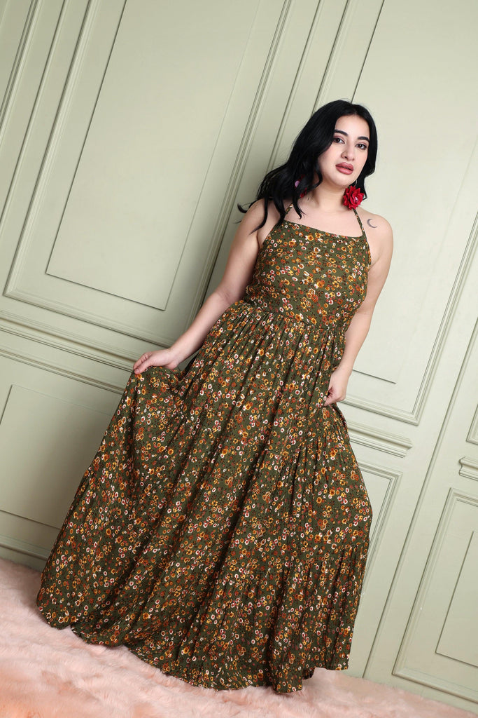 Model wearing Viscose Crepe Maxi Dress with Pattern type: Floral-3