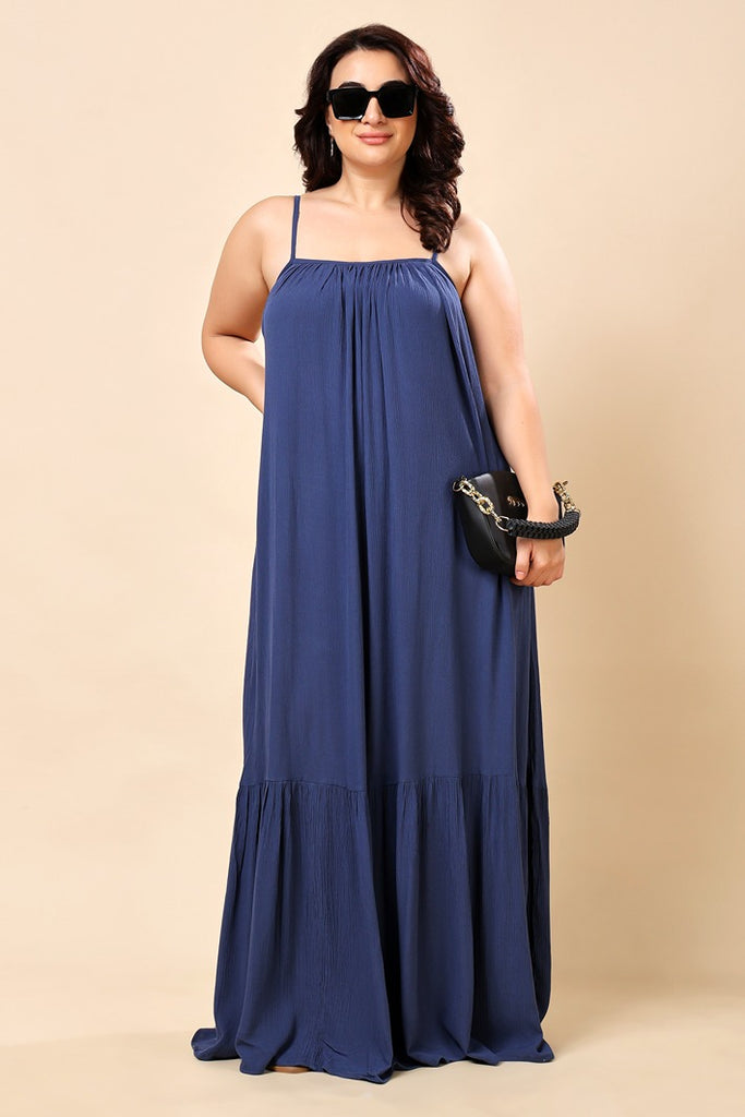 Model wearing Viscose Crepe Maxi Dress with Pattern type: Solid-7