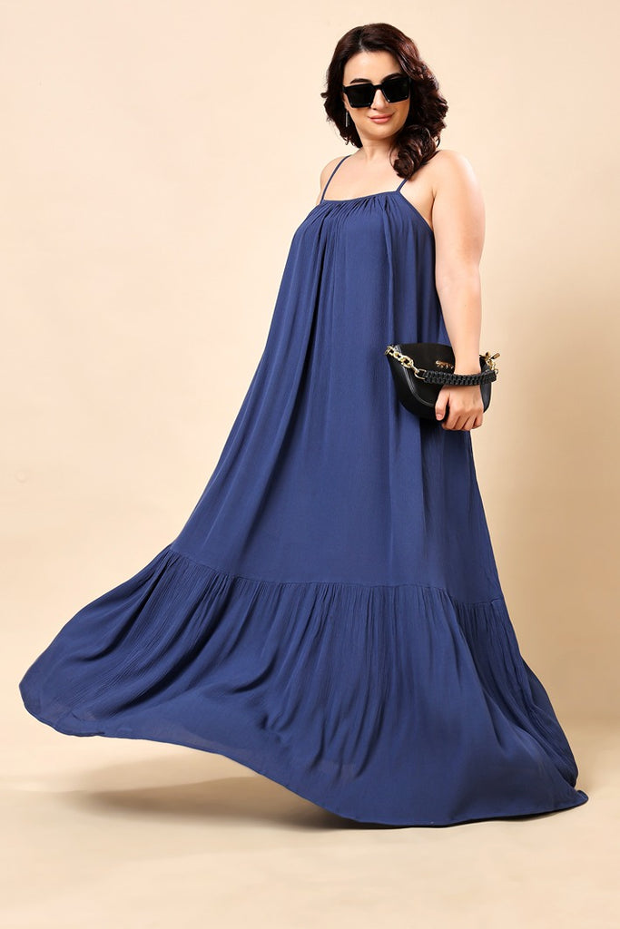 Model wearing Viscose Crepe Maxi Dress with Pattern type: Solid-8