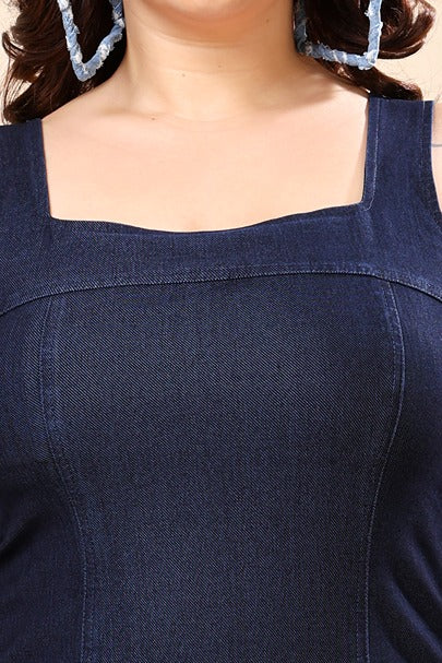 Model wearing Denim Mini Dress with Pattern type: Solid-4