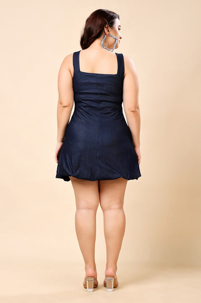 Model wearing Denim Mini Dress with Pattern type: Solid-5