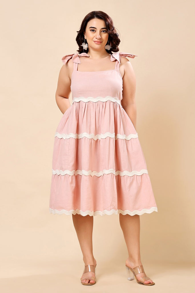 Model wearing Linen Mini Dress with Pattern type: Solid-1
