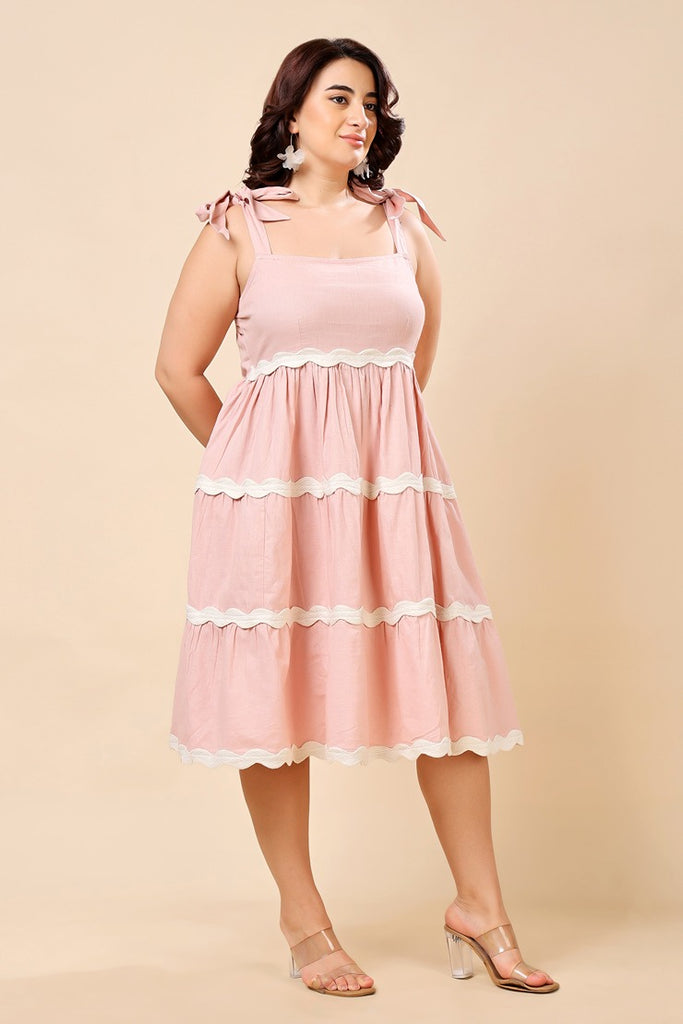 Model wearing Linen Mini Dress with Pattern type: Solid-2