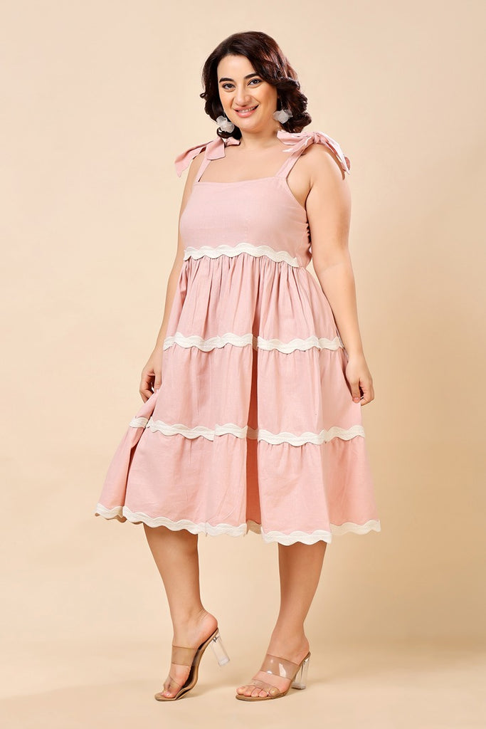 Model wearing Linen Mini Dress with Pattern type: Solid-3