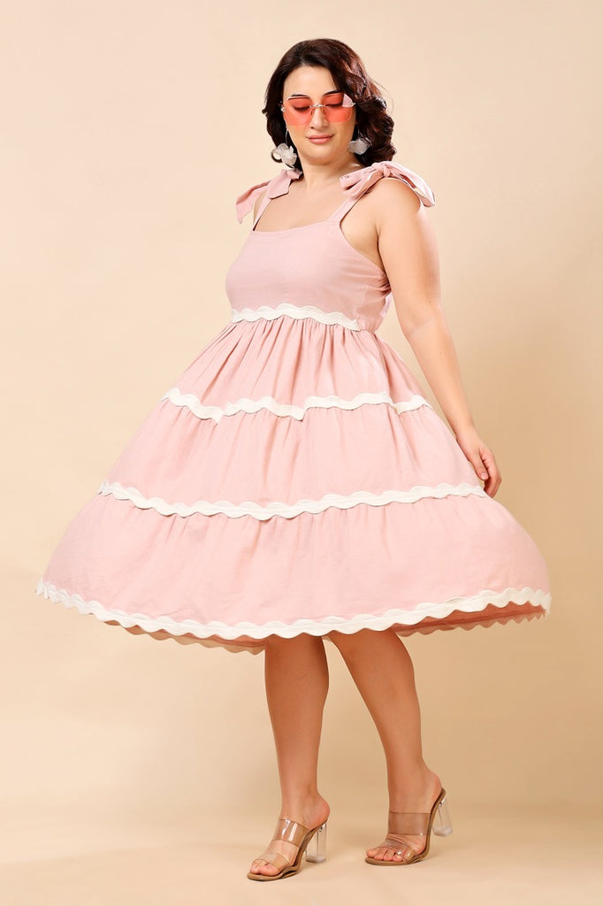 Model wearing Linen Mini Dress with Pattern type: Solid-6