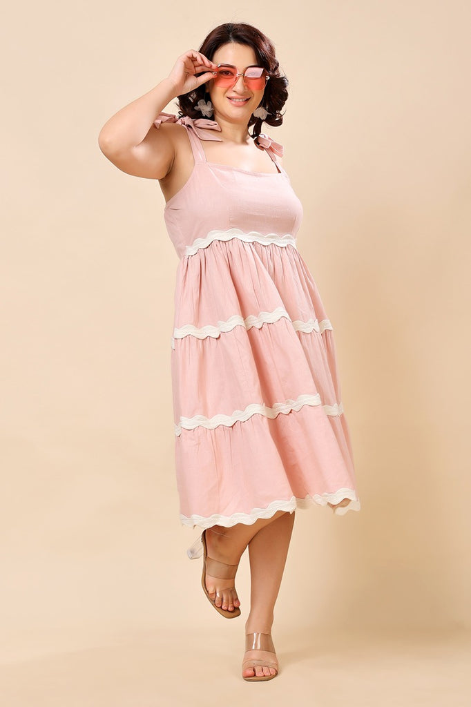 Model wearing Linen Mini Dress with Pattern type: Solid-7