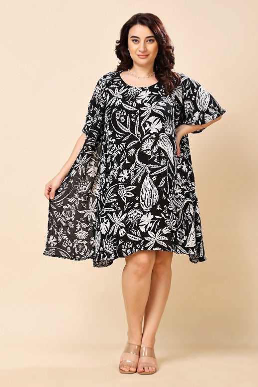 Model wearing Viscose Crepe Mini Dress with Pattern type: Floral-1