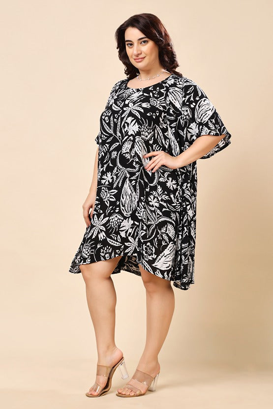 Model wearing Viscose Crepe Mini Dress with Pattern type: Floral-4