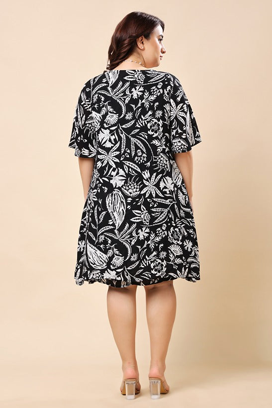 Model wearing Viscose Crepe Mini Dress with Pattern type: Floral-5