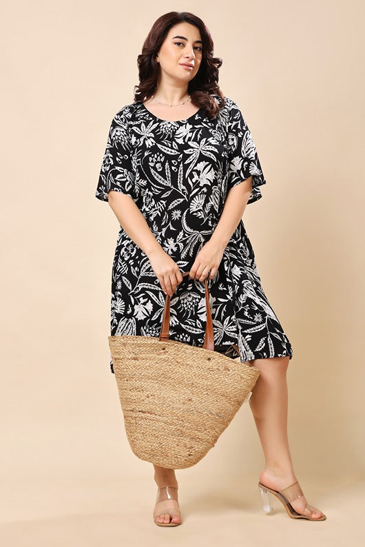 Model wearing Viscose Crepe Mini Dress with Pattern type: Floral-7